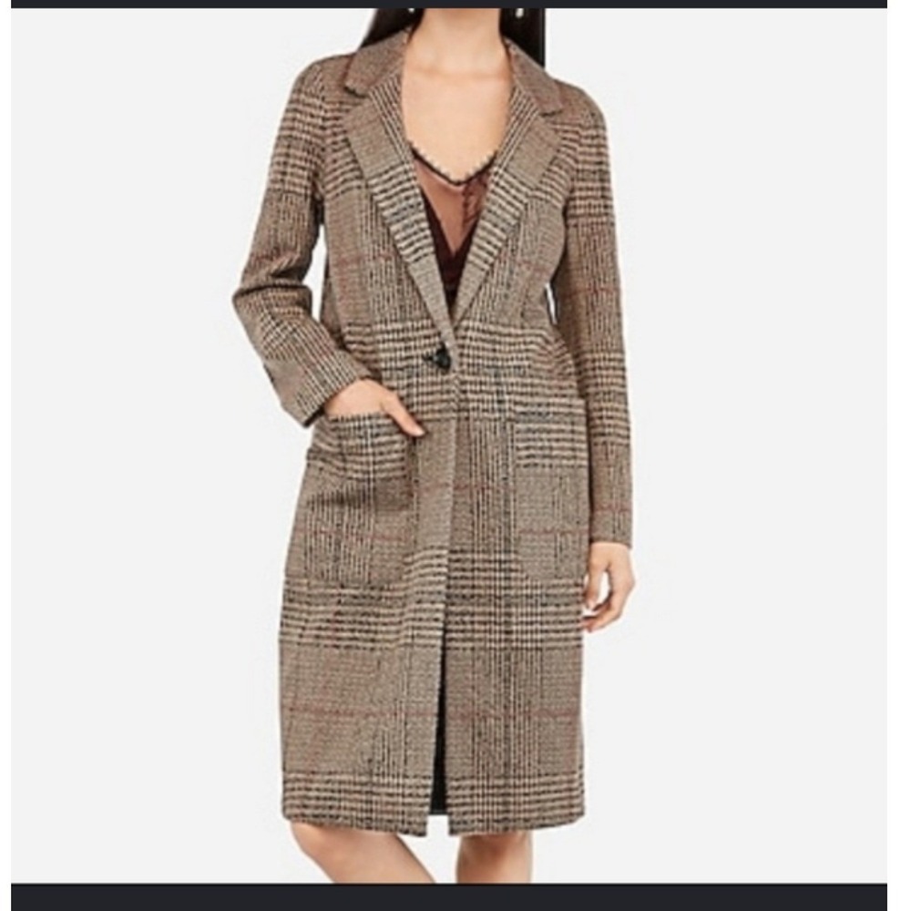 Express Plaid Midi Overcoat Academia Chic Longline Brown Houndstooth Old Money